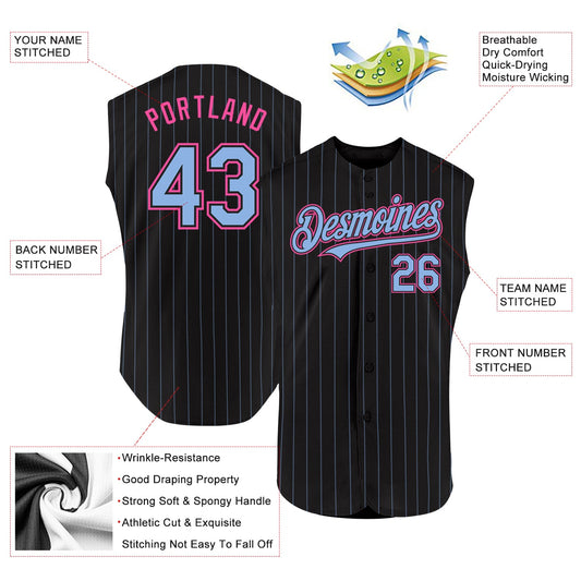 Custom Black Light Blue Pinstripe Pink Authentic Sleeveless Baseball Jersey