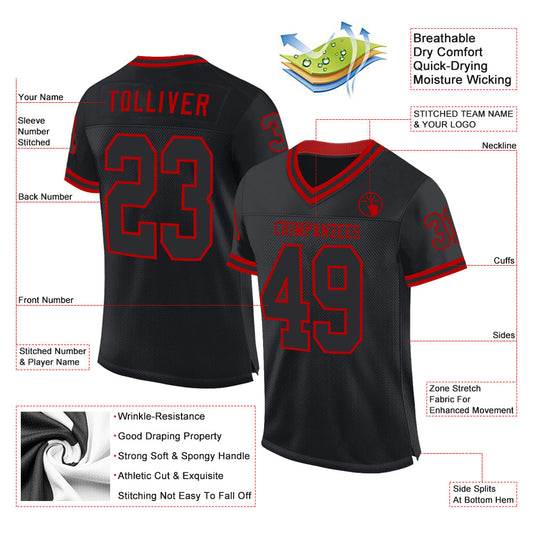 Custom Black Red Mesh Authentic Throwback Football Jersey