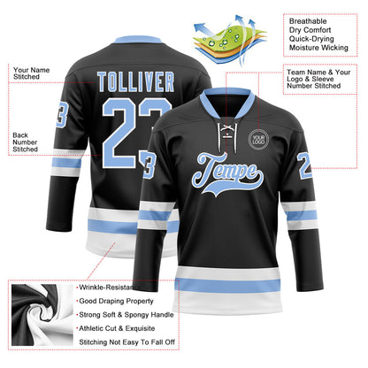 Custom Black Light Blue-White Hockey Lace Neck Jersey