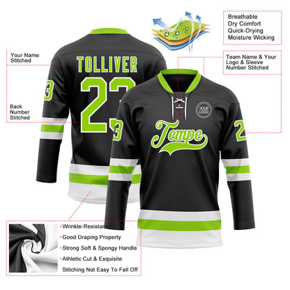 Custom Black Neon Green-White Hockey Lace Neck Jersey