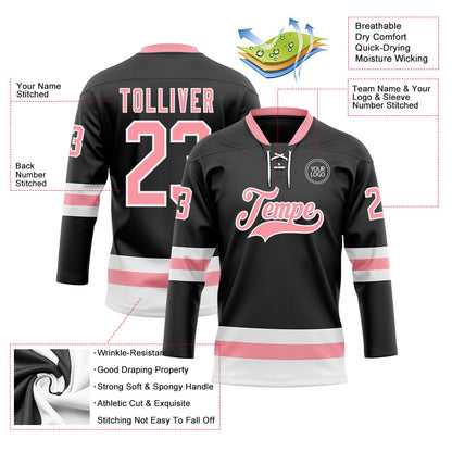 Custom Black Medium Pink-White Hockey Lace Neck Jersey