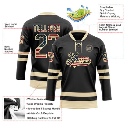 Custom Black Vintage USA Flag-Cream Hockey Lace Neck Jersey
