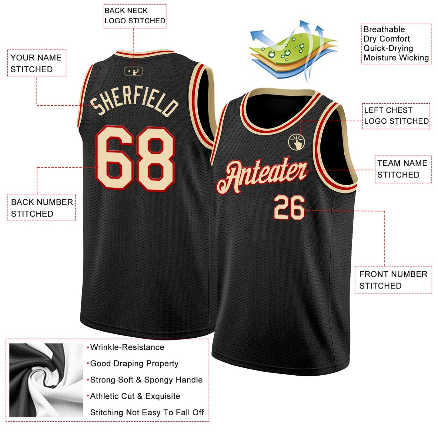 Custom Black Cream-Red Authentic Basketball Jersey