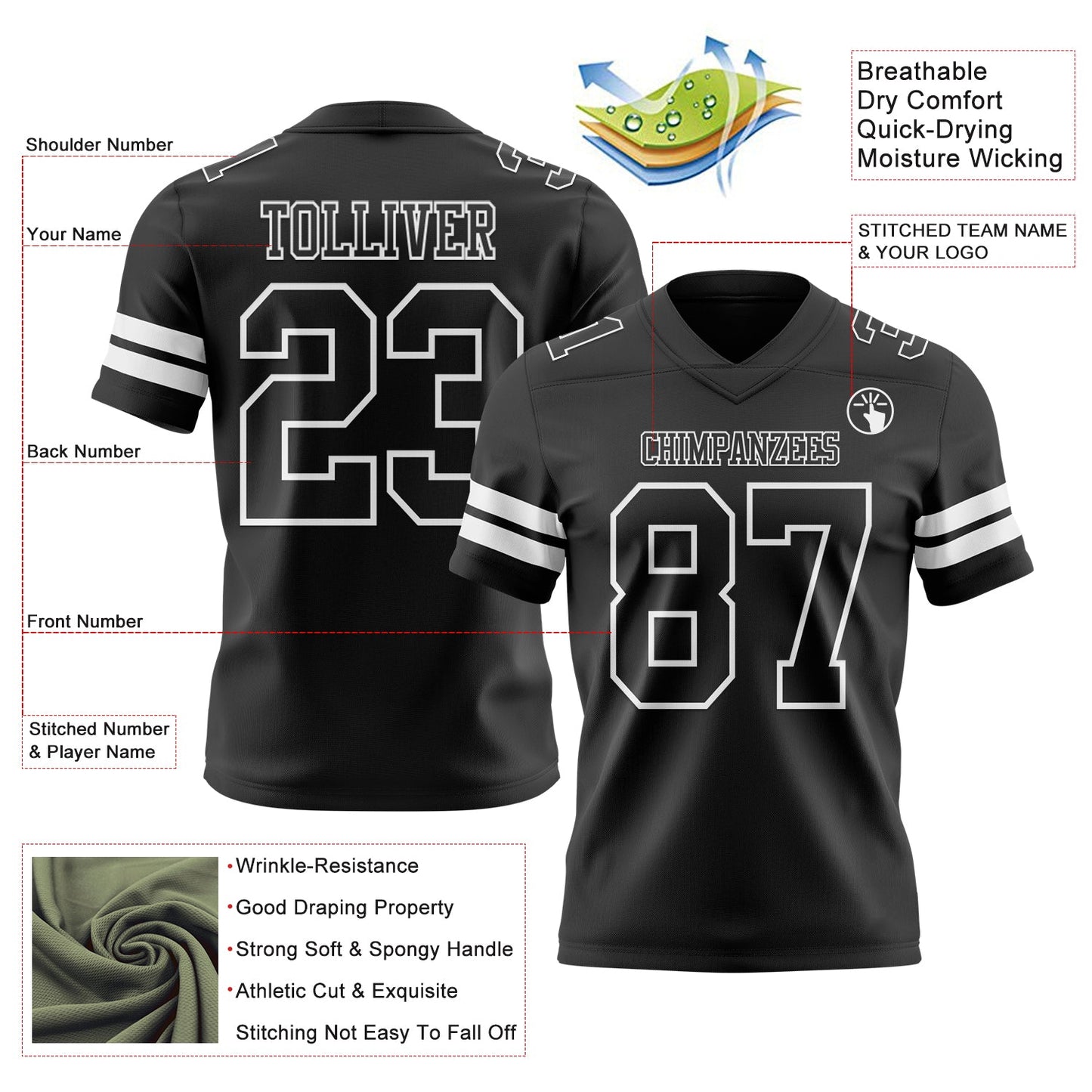 Custom Black White Mesh Authentic Football Jersey