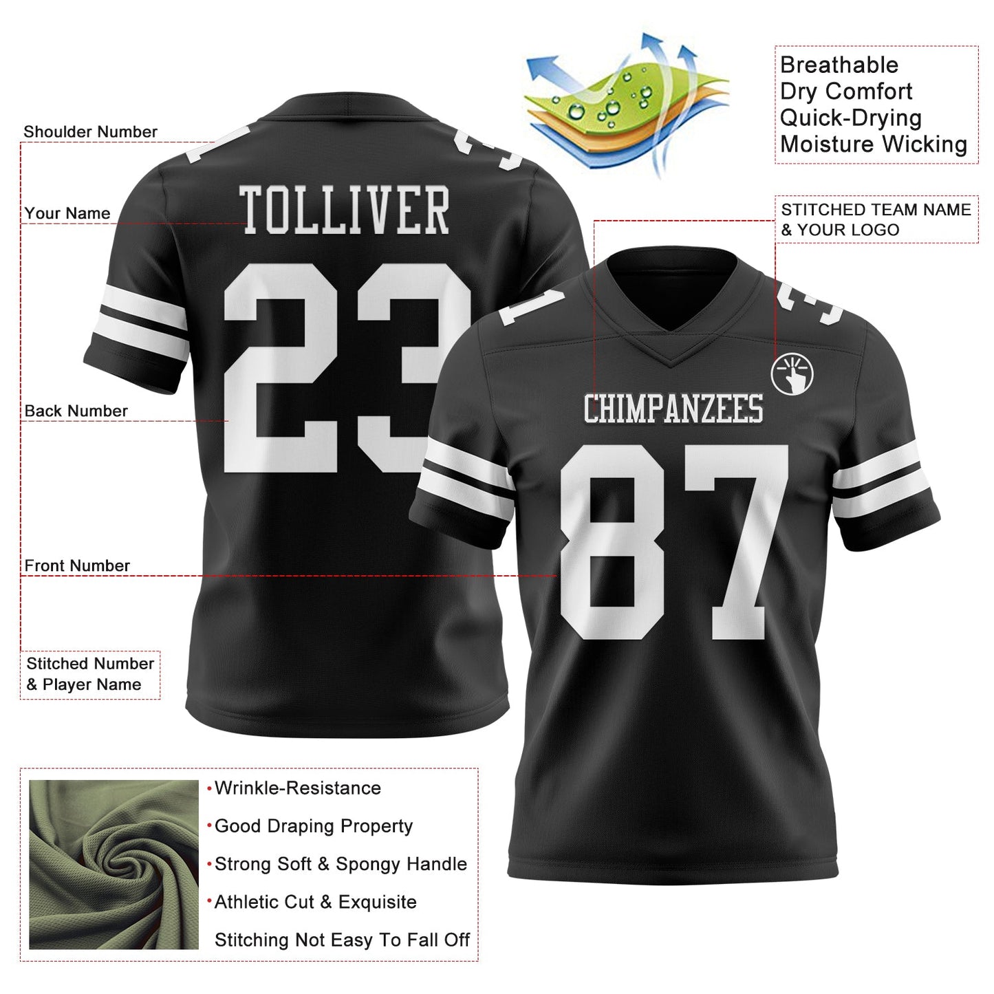 Custom Black White Mesh Authentic Football Jersey
