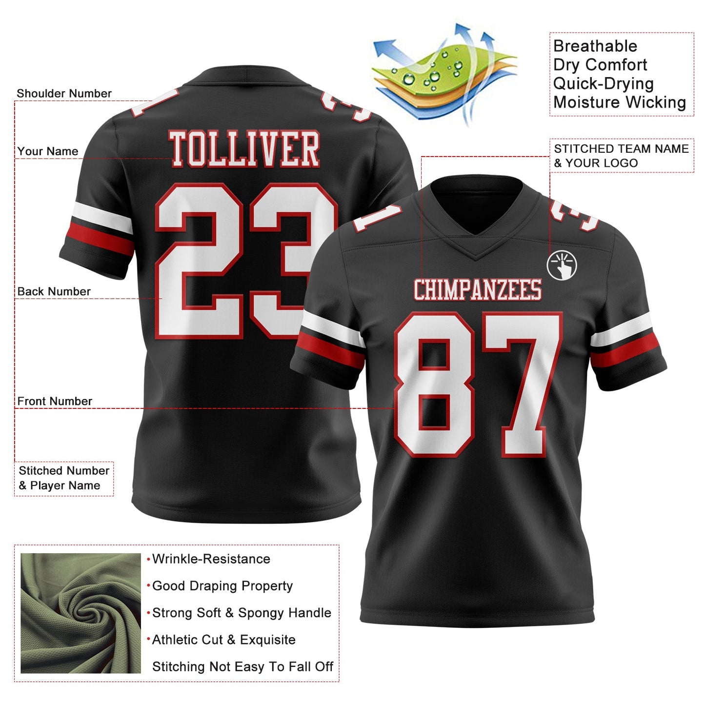 Custom Black White-Red Mesh Authentic Football Jersey