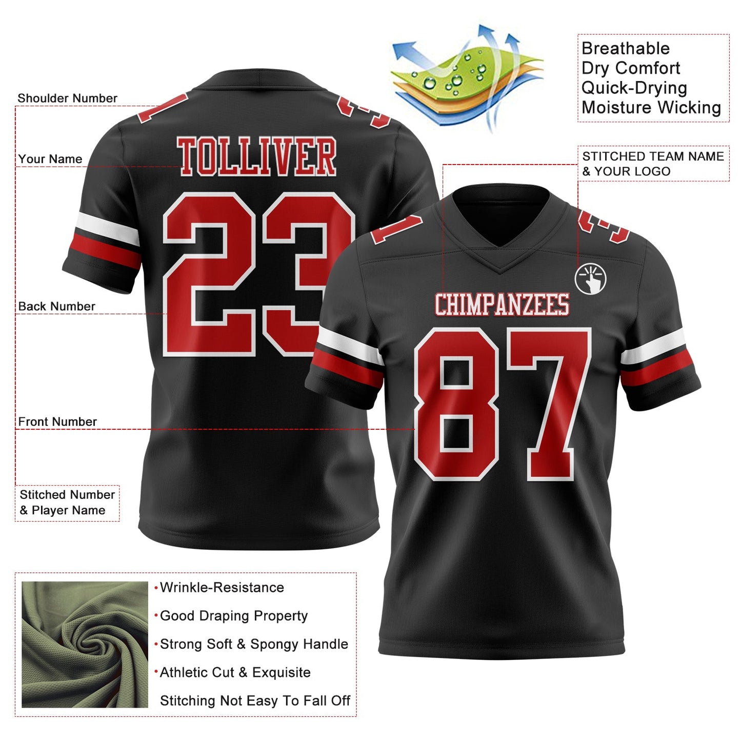 Custom Black Red-White Mesh Authentic Football Jersey