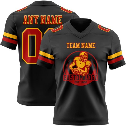 Custom Black Red-Gold Mesh Authentic Football Jersey