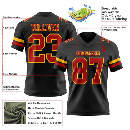 Custom Black Red-Gold Mesh Authentic Football Jersey