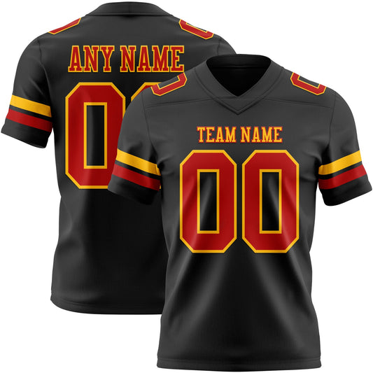 Custom Black Red-Gold Mesh Authentic Football Jersey