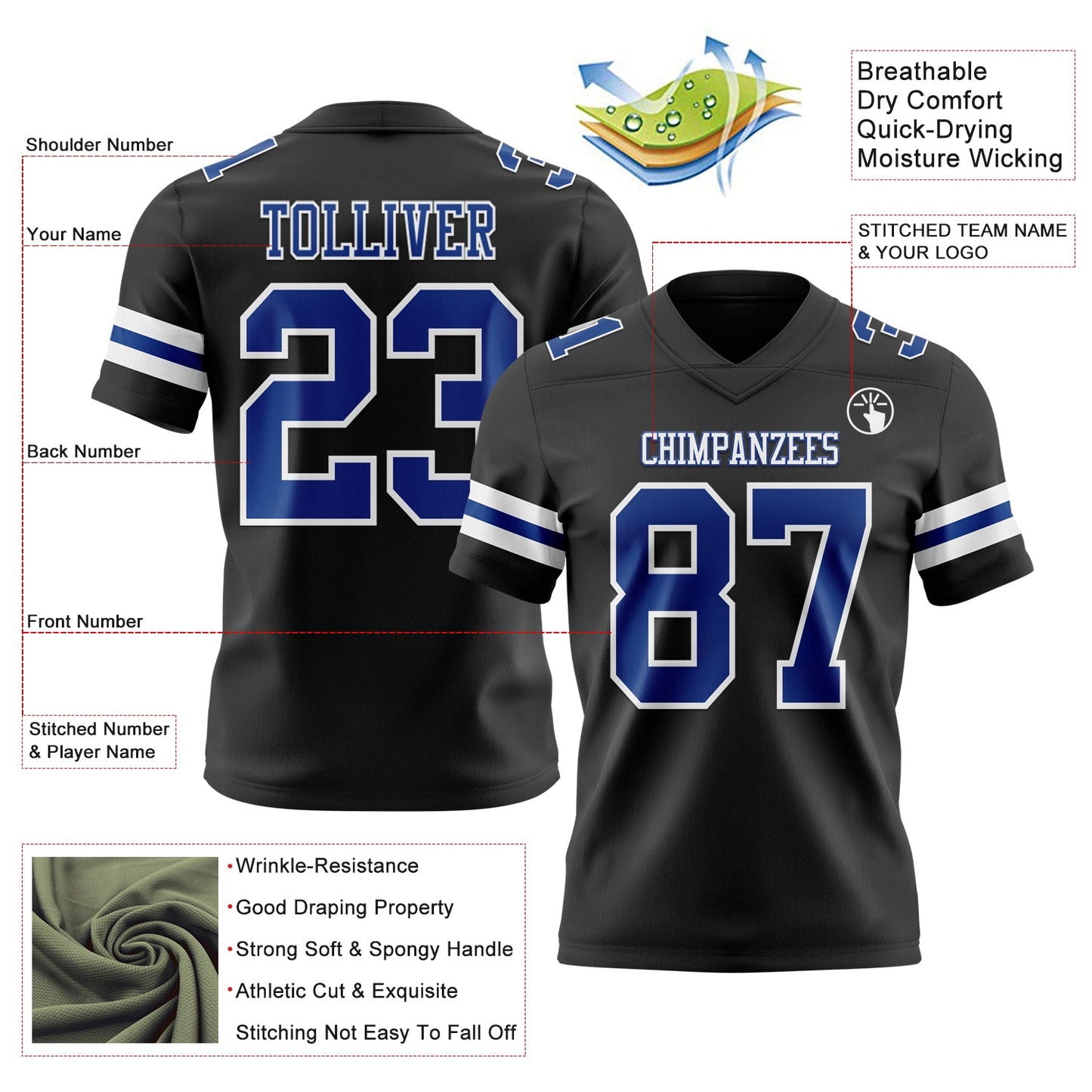 Custom Black Royal-White Mesh Authentic Football Jersey