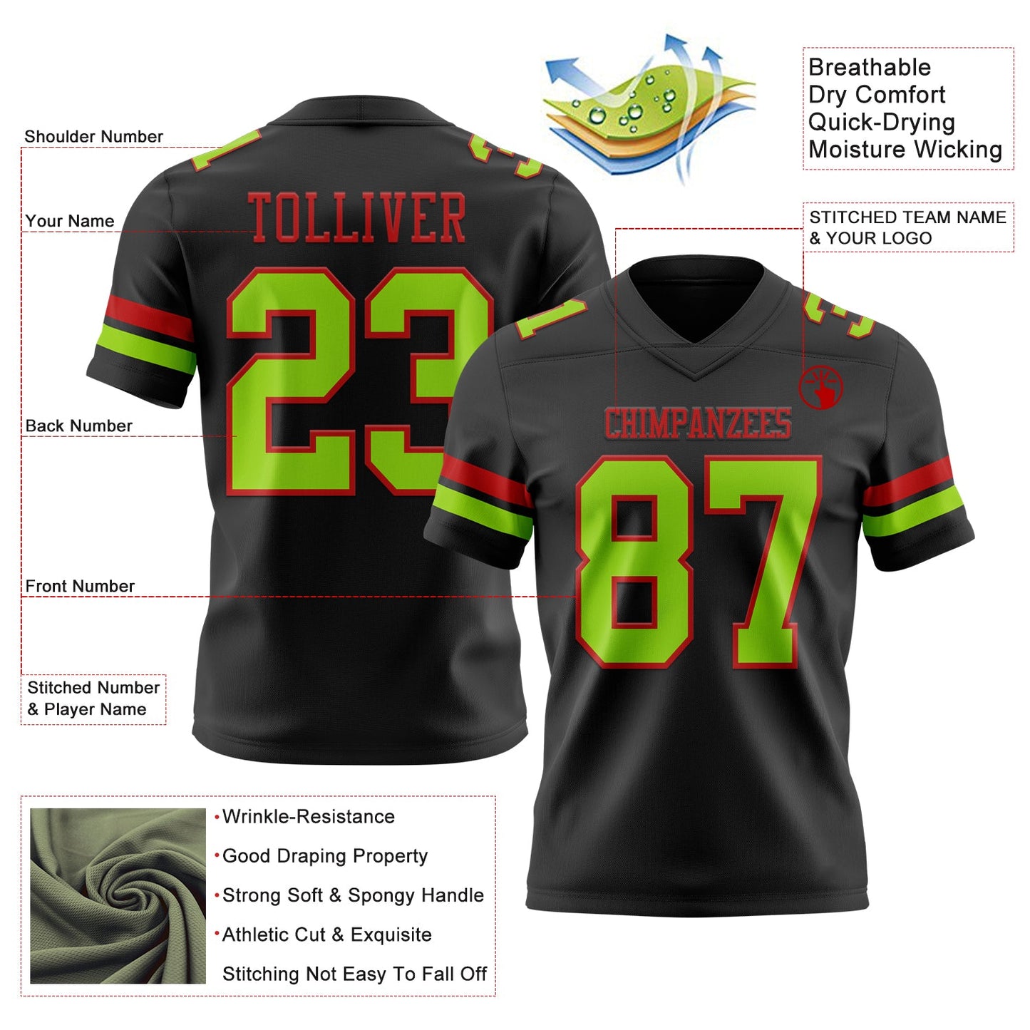 Custom Black Neon Green-Red Mesh Authentic Football Jersey