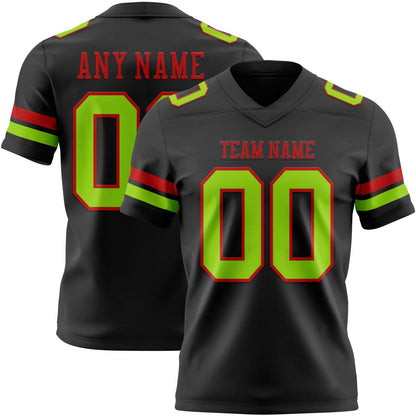 Custom Black Neon Green-Red Mesh Authentic Football Jersey