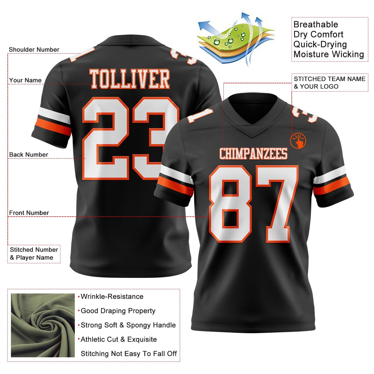 Custom Black White-Orange Mesh Authentic Football Jersey