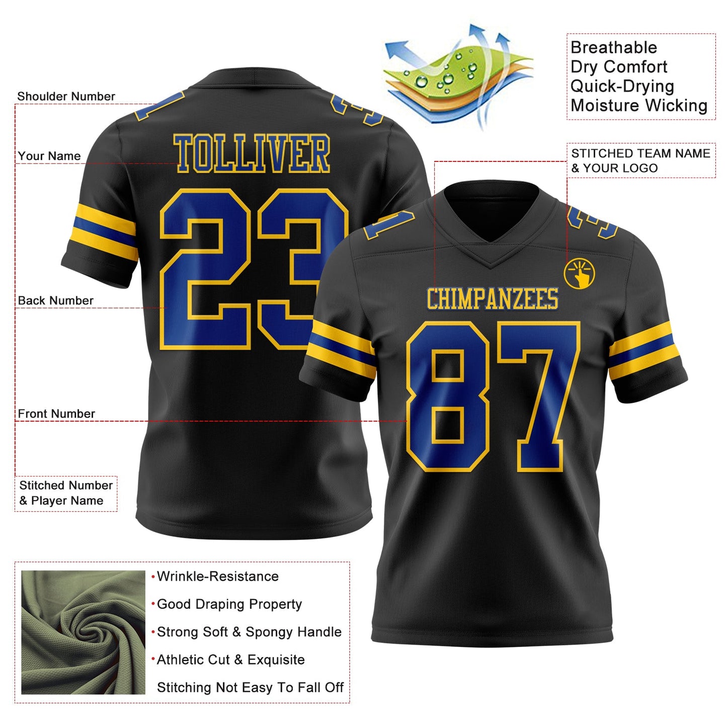Custom Black Royal-Yellow Mesh Authentic Football Jersey