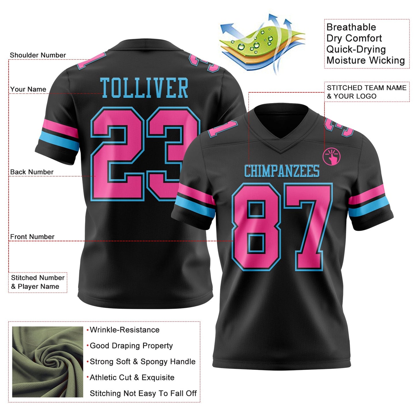 Custom Black Pink-Sky Blue Mesh Authentic Football Jersey