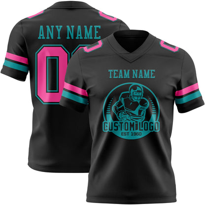 Custom Black Pink-Teal Mesh Authentic Football Jersey