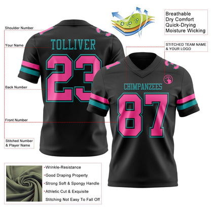Custom Black Pink-Teal Mesh Authentic Football Jersey