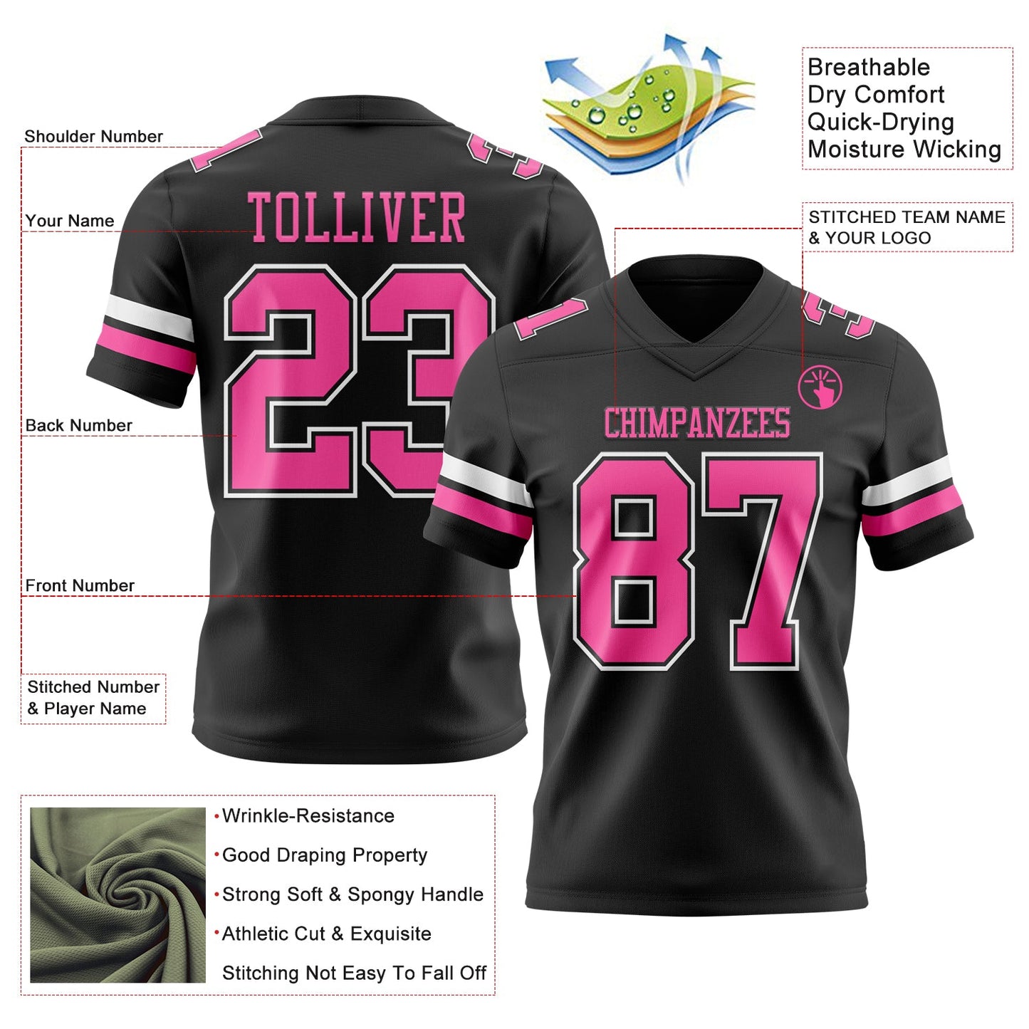 Custom Black Pink-White Mesh Authentic Football Jersey