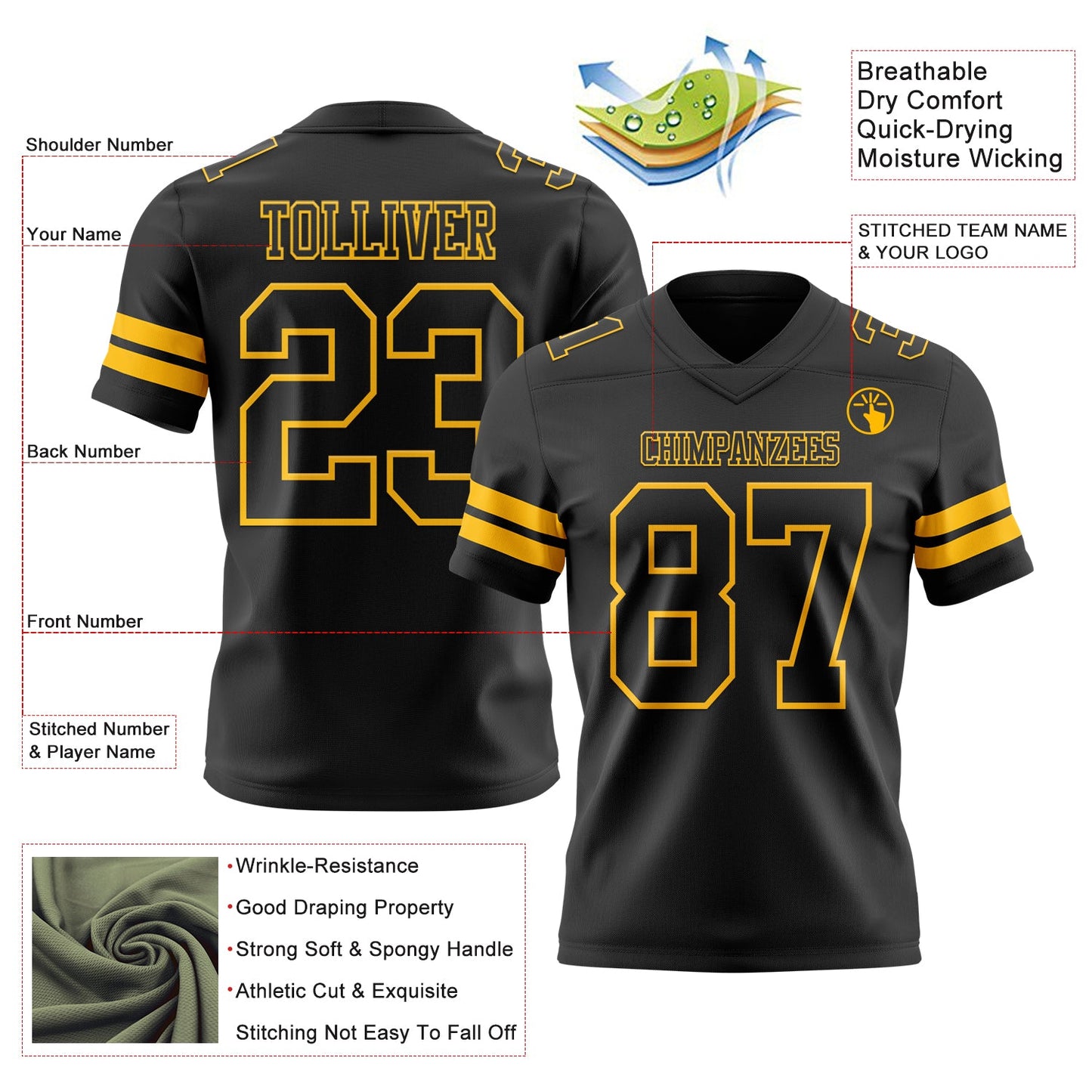 Custom Black Gold Mesh Authentic Football Jersey