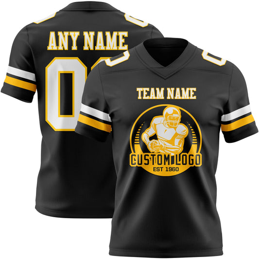 Custom Black White-Gold Mesh Authentic Football Jersey