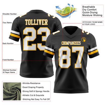 Custom Black White-Gold Mesh Authentic Football Jersey