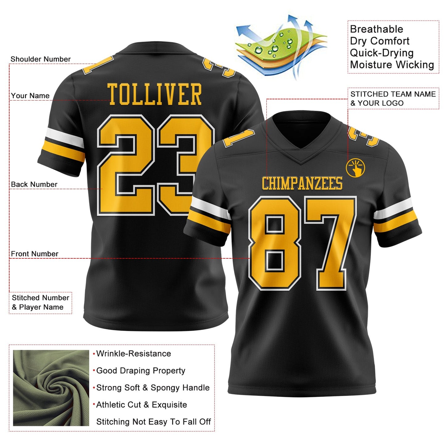 Custom Black Gold-White Mesh Authentic Football Jersey