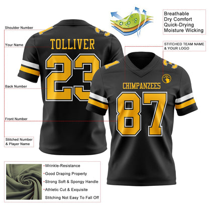 Custom Black Gold-White Mesh Authentic Football Jersey