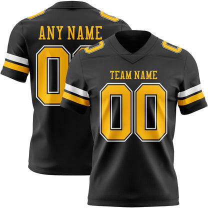 Custom Black Gold-White Mesh Authentic Football Jersey
