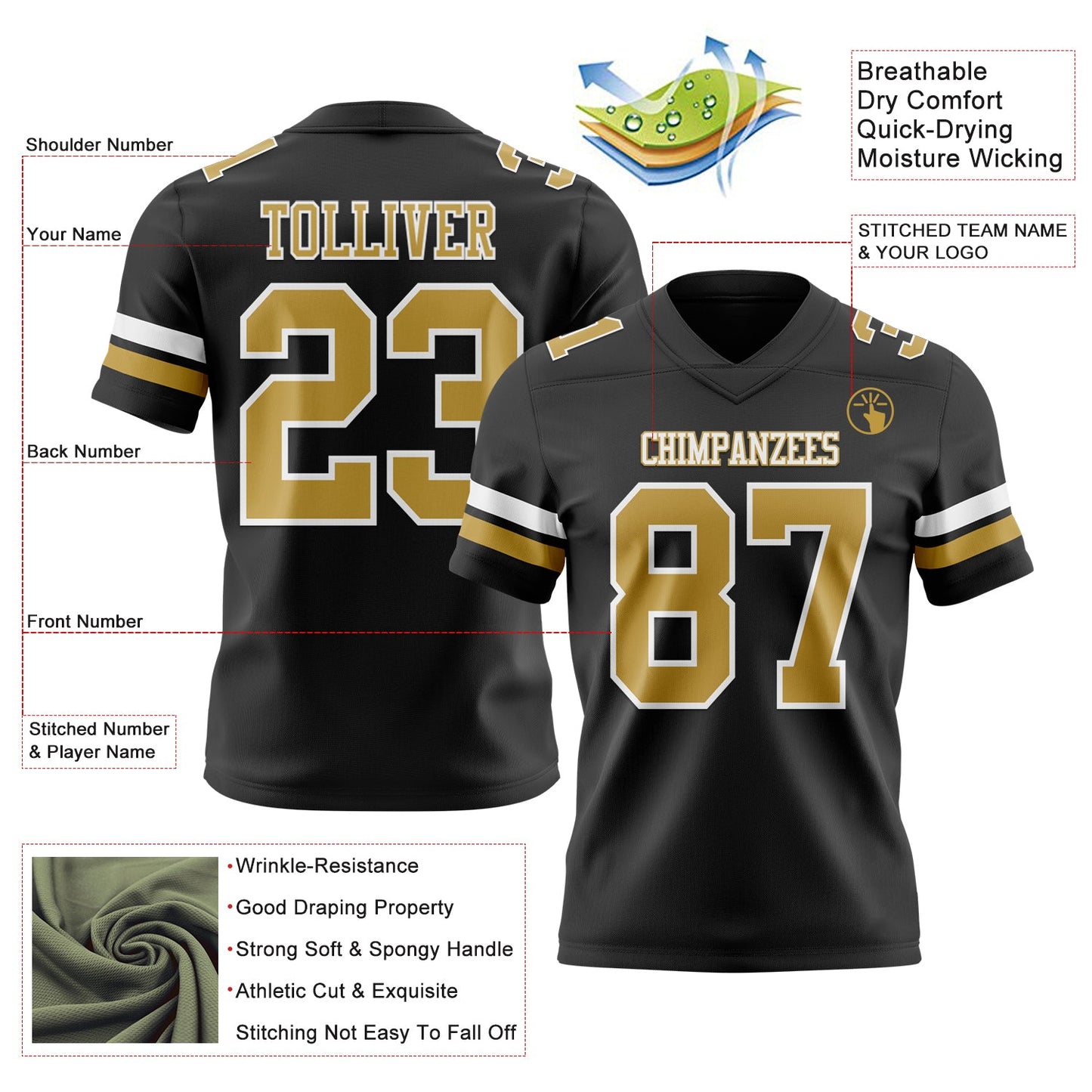 Custom Black Old Gold-White Mesh Authentic Football Jersey