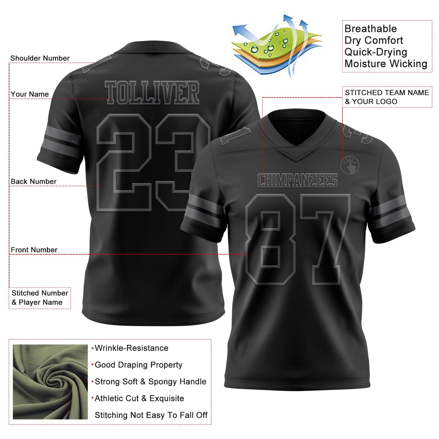 Custom Black Steel Gray Mesh Authentic Football Jersey