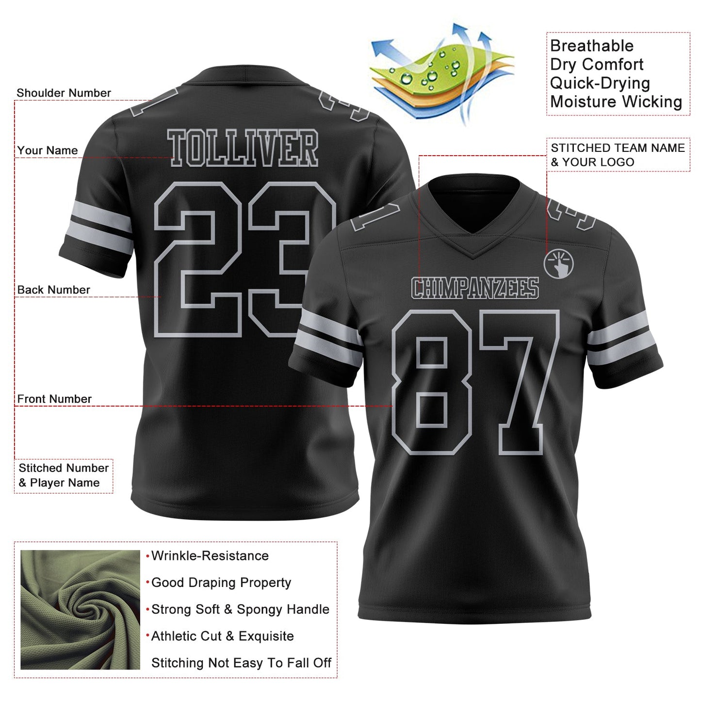 Custom Black Gray Mesh Authentic Football Jersey