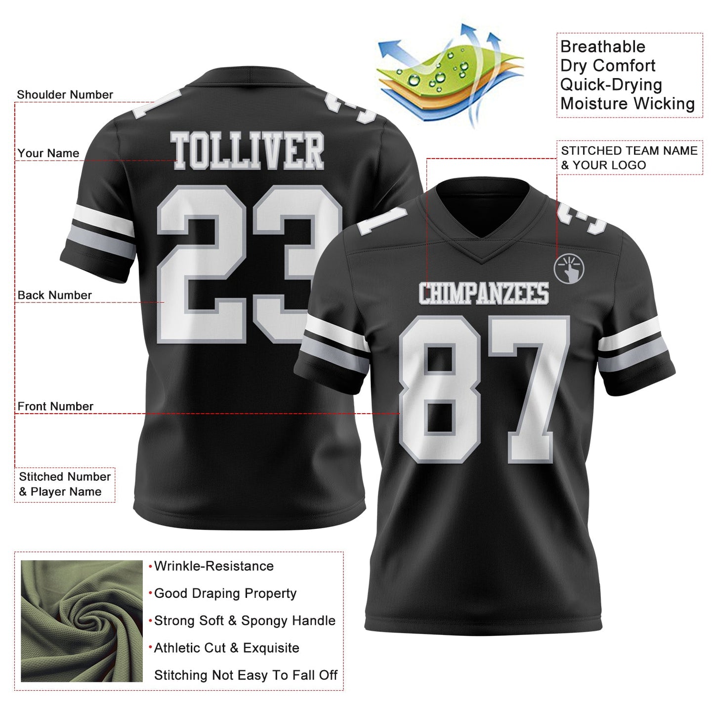Custom Black White-Gray Mesh Authentic Football Jersey