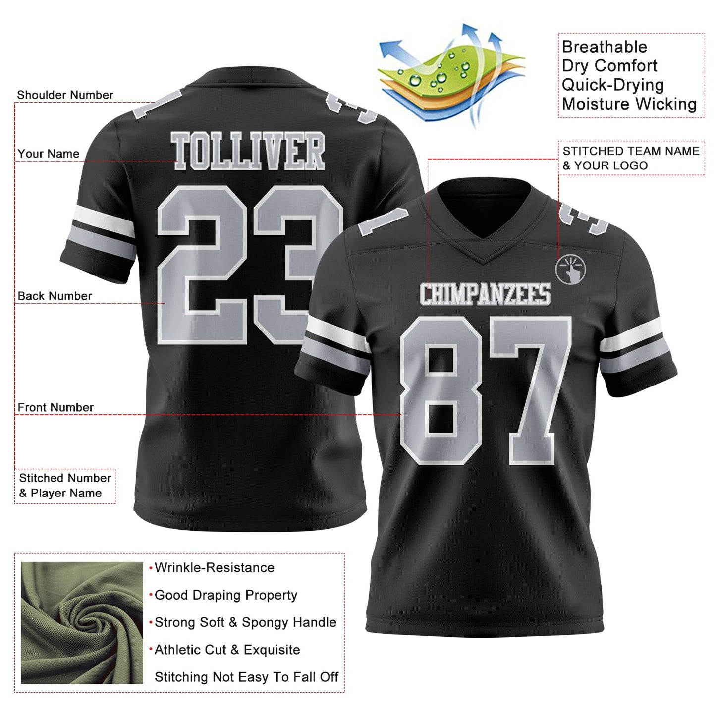 Custom Black Gray-White Mesh Authentic Football Jersey