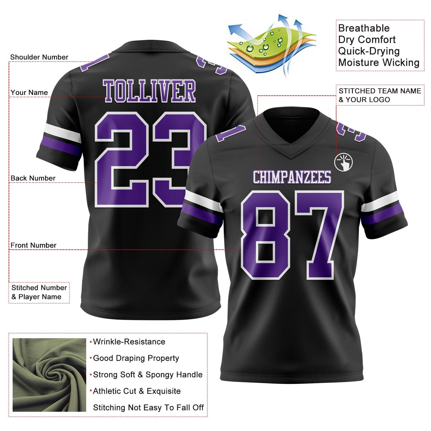 Custom Black Purple-White Mesh Authentic Football Jersey
