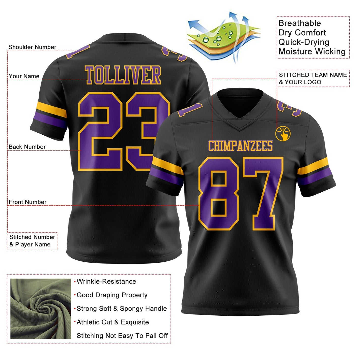 Custom Black Purple-Gold Mesh Authentic Football Jersey
