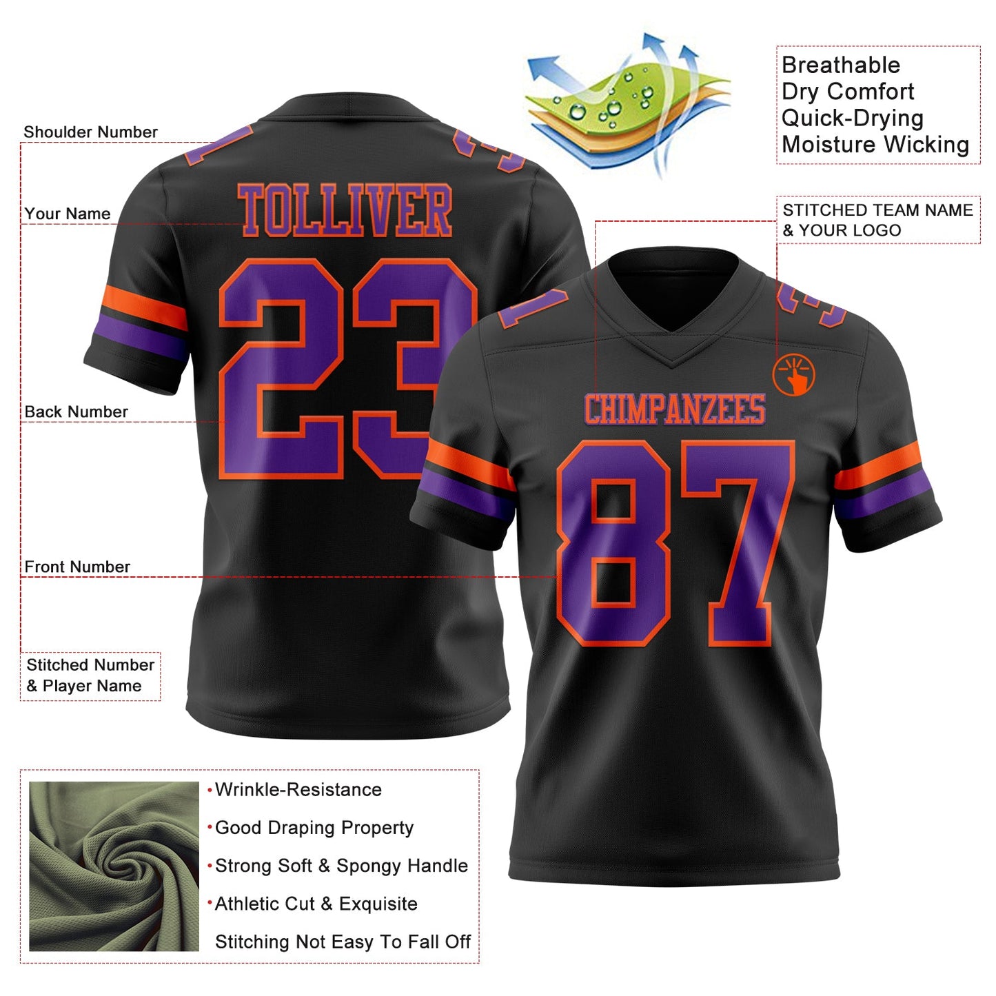 Custom Black Purple-Orange Mesh Authentic Football Jersey