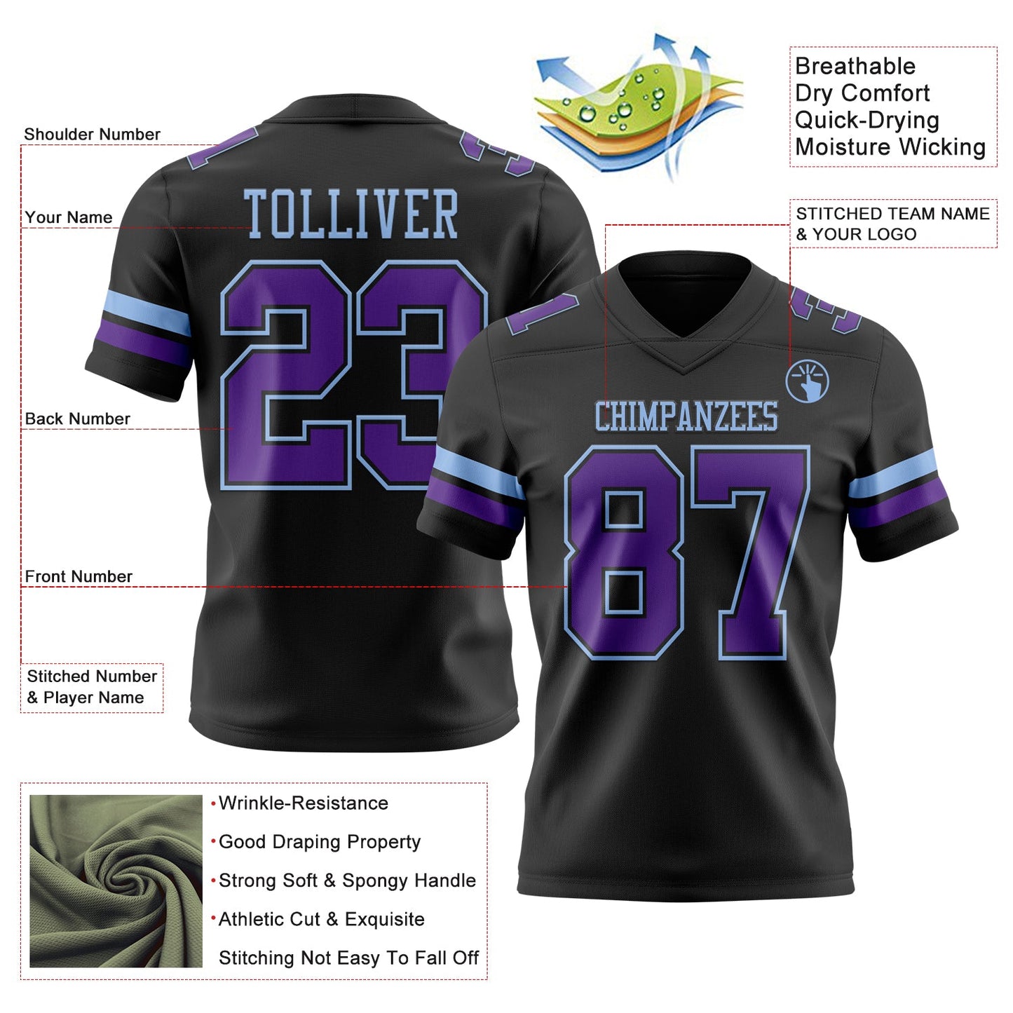 Custom Black Purple-Light Blue Mesh Authentic Football Jersey