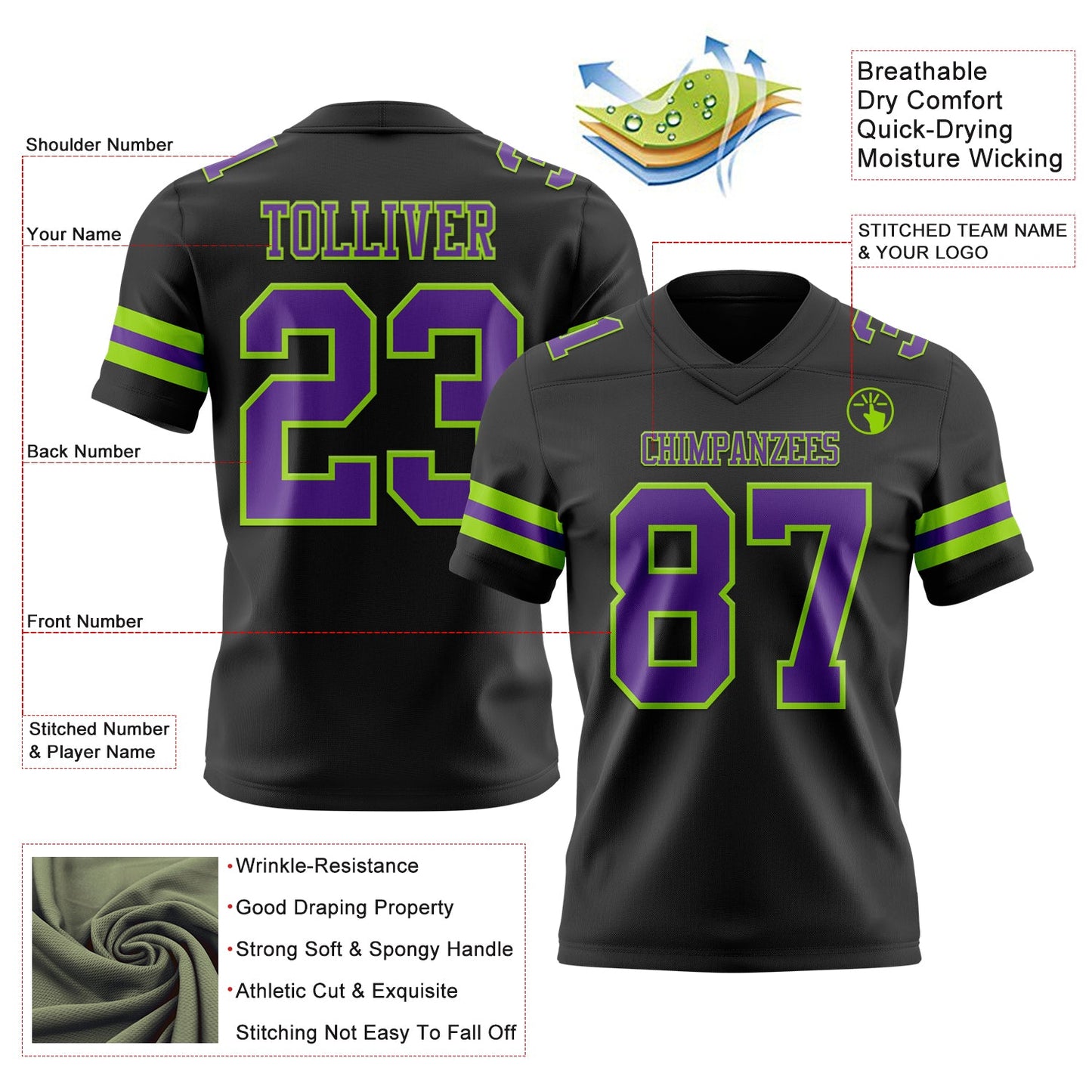 Custom Black Purple-Neon Green Mesh Authentic Football Jersey