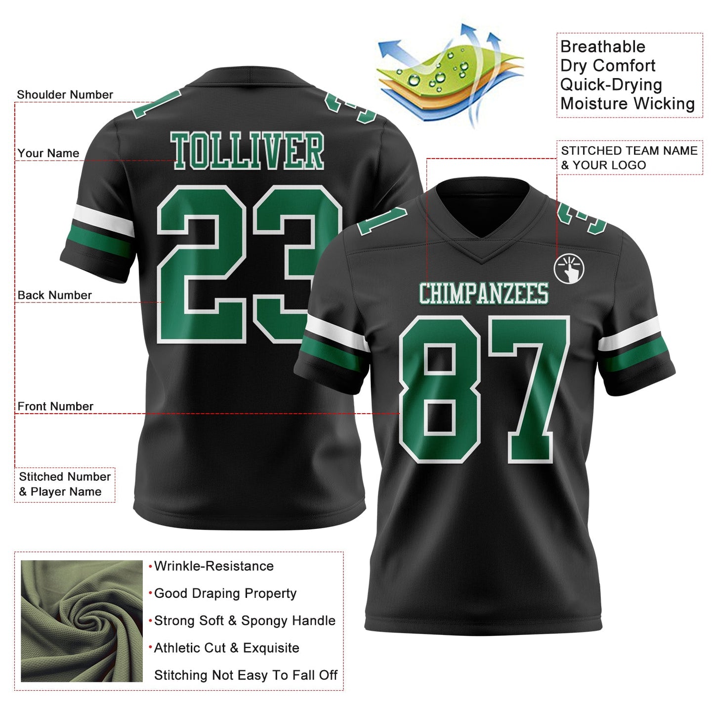 Custom Black Kelly Green-White Mesh Authentic Football Jersey