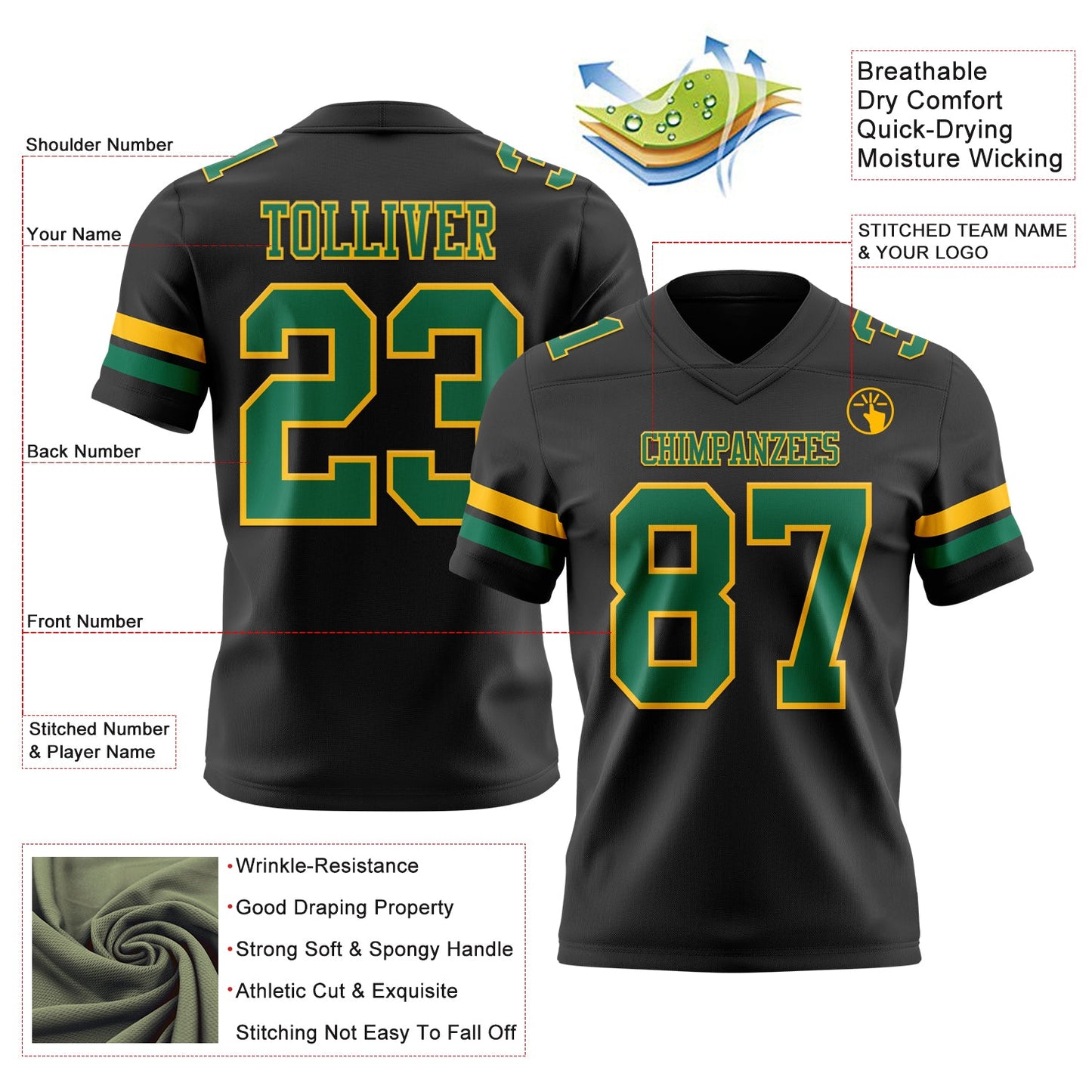 Custom Black Kelly Green-Gold Mesh Authentic Football Jersey