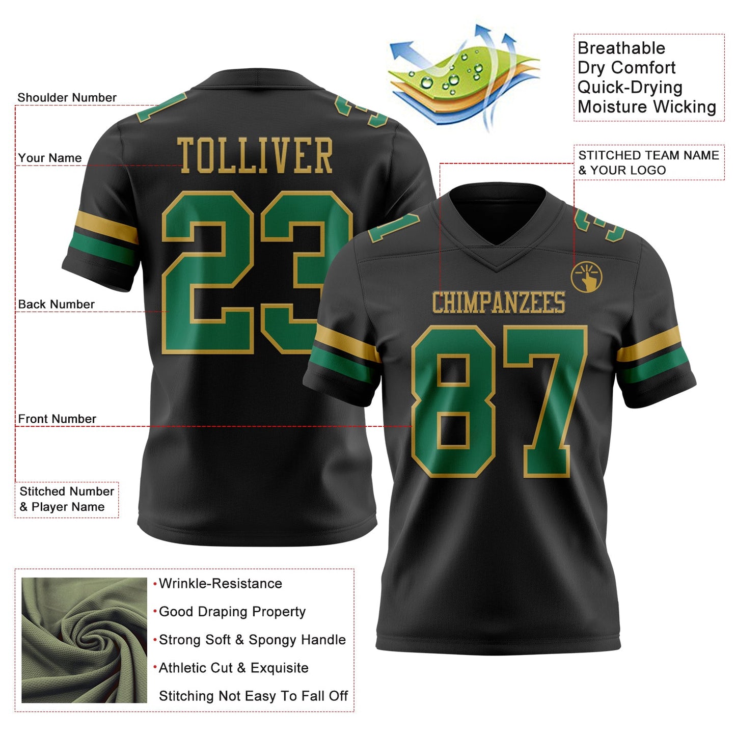 Custom Black Kelly Green-Old Gold Mesh Authentic Football Jersey