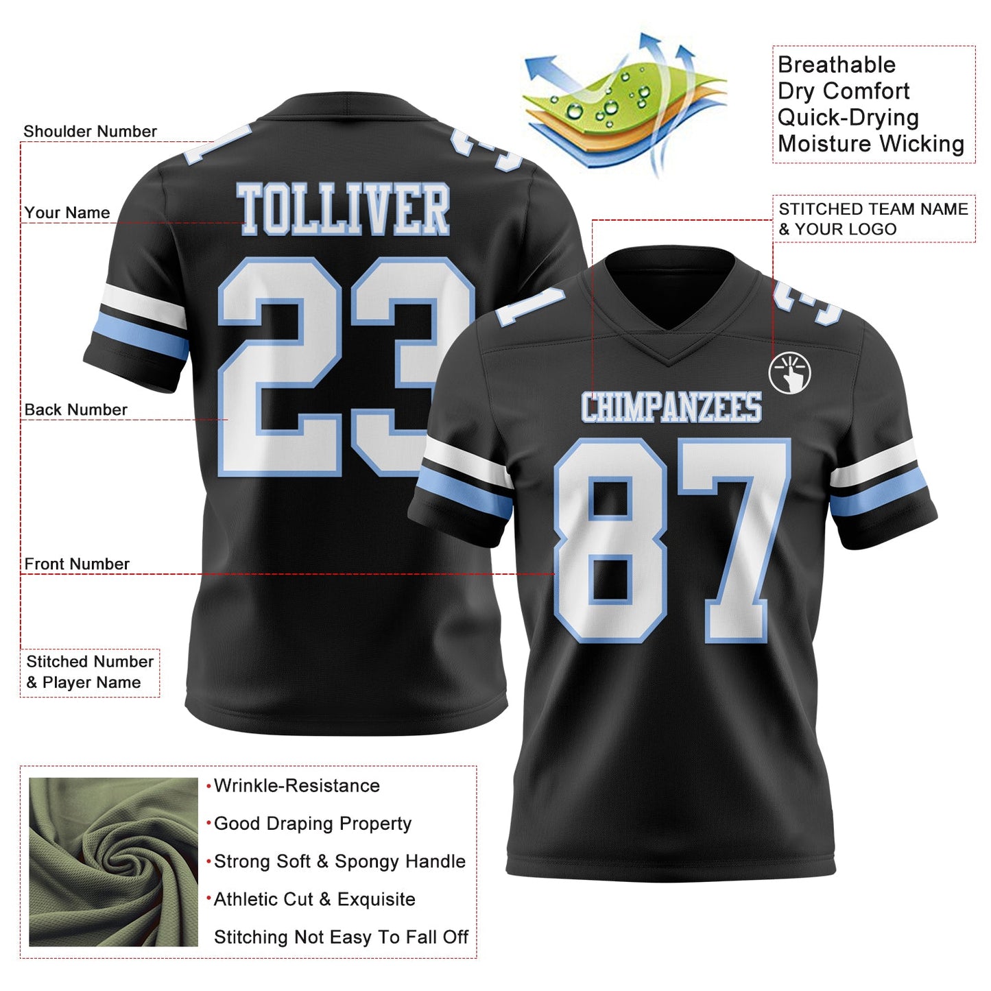 Custom Black White-Light Blue Mesh Authentic Football Jersey