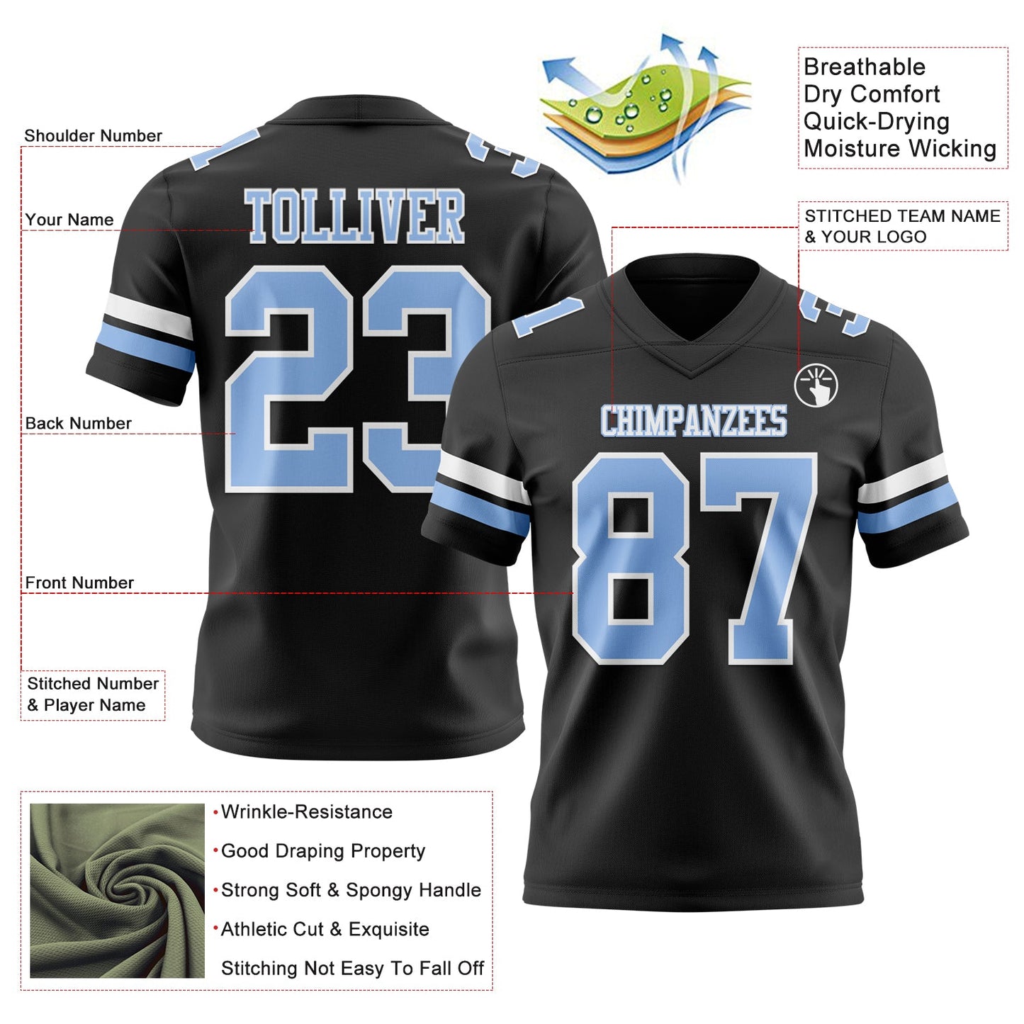 Custom Black Light Blue-White Mesh Authentic Football Jersey