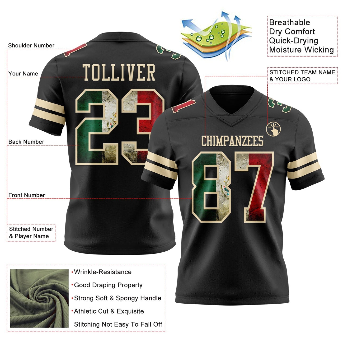 Custom Black Vintage Mexican Flag-Cream Mesh Authentic Football Jersey