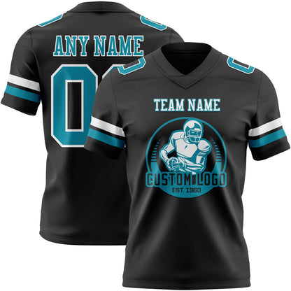 Custom Black Teal-White Mesh Authentic Football Jersey