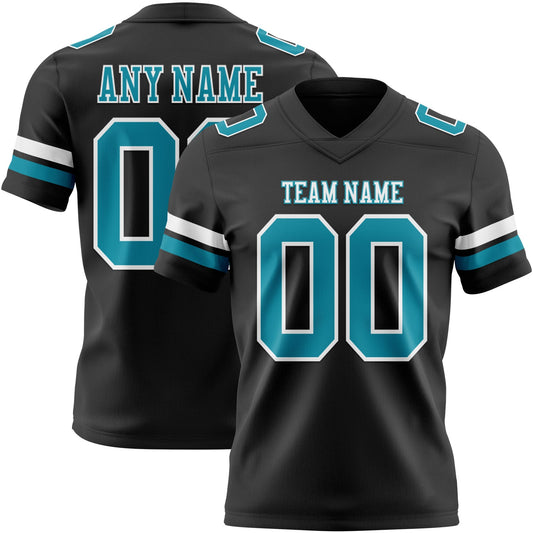 Custom Black Teal-White Mesh Authentic Football Jersey
