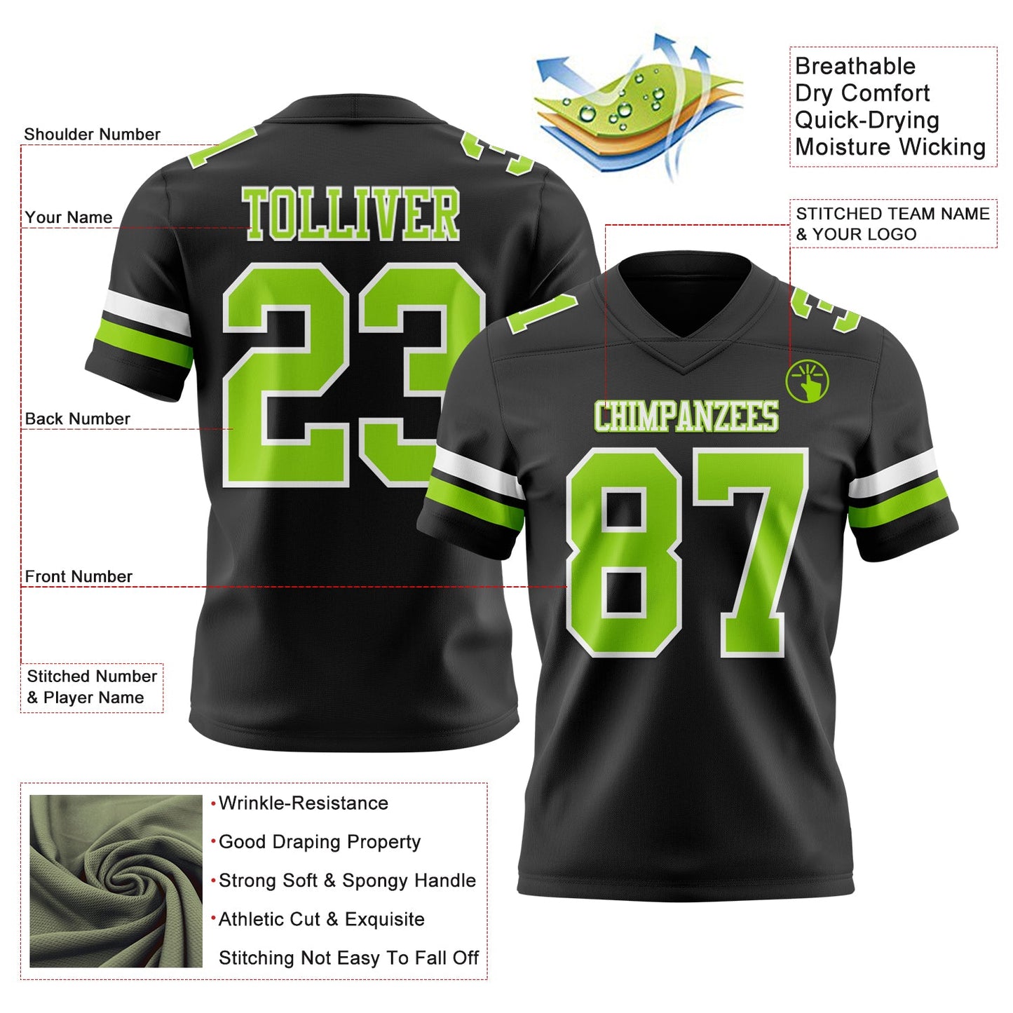 Custom Black Neon Green-White Mesh Authentic Football Jersey