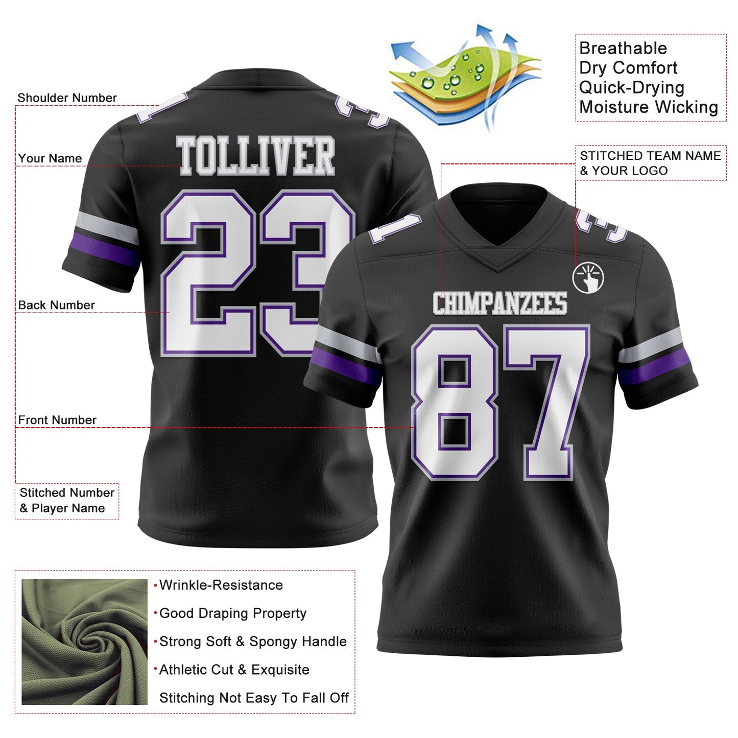 Custom Black White Purple-Gray Mesh Authentic Football Jersey
