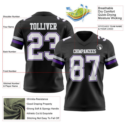 Custom Black White Purple-Gray Mesh Authentic Football Jersey